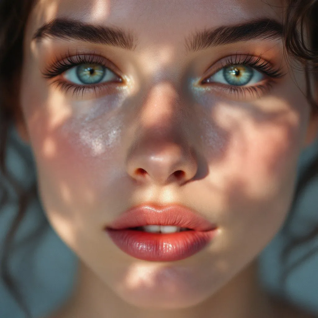 Close-up portrait with luminous skin in warm window light
